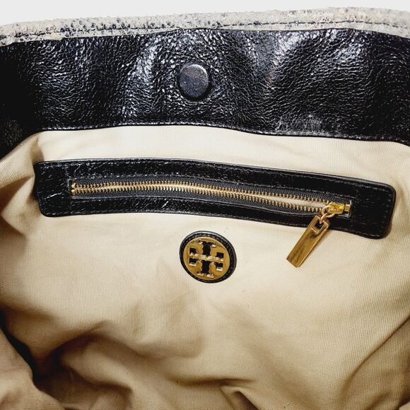 Tory Burch Black Patent Leather Snakeskin Trim Gold Hardware Shoulder Bag Tote - Picture 14 of 16